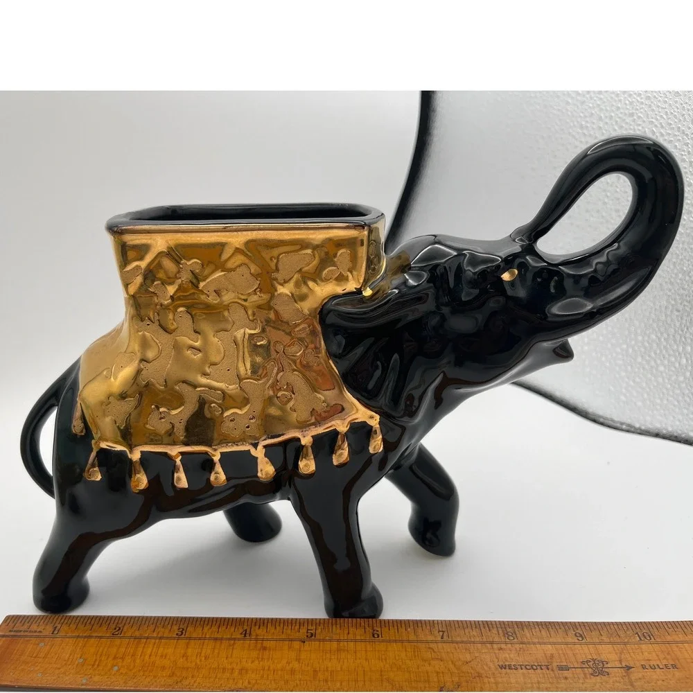 Vtg 50s elephant planter‎ glossy black 24kt gold-painted saddle blanket USA